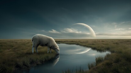 Fototapeta premium A surreal fantasy landscape of a lone sheep drinking from a stream, with the reflection of a giant crescent planet visible in the water and the sky