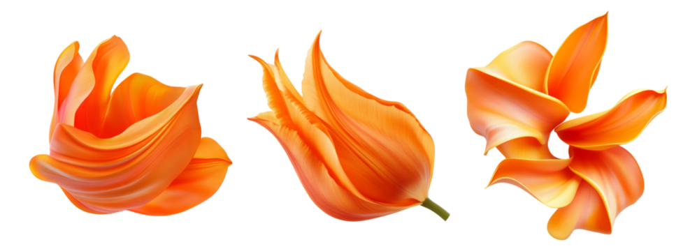Vibrant Orange Flowers with Varied Petal Designs on a Black Background, Isolated on Transparent, white background