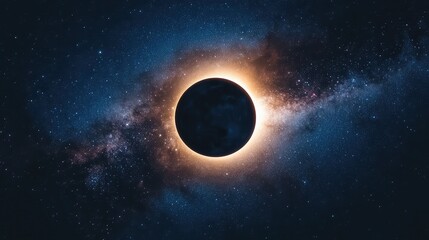 Fototapeta premium Solar eclipse over a starry sky with the moon's visible corona shining bright, illustrating a rare and beautiful celestial event.