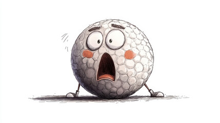Cartoon golf ball with surprised expression stands on tiny legs, showcasing humorous and playful design. exaggerated facial features and blushing cheeks add to its comical appearance