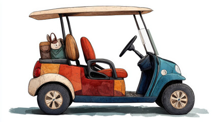 Colorful, patchwork style golf cart with whimsical design features plush rabbit toy sitting in back seat, adding playful touch to scene