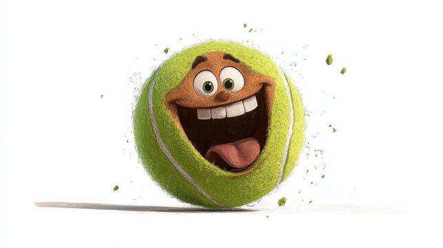 Tennis ball with joyful face and tongue sticking out adds playful and humorous touch to image. vibrant green color and animated expression create lively and fun atmosphere