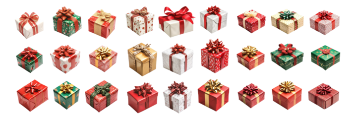 Colorful Gift Boxes with Various Designs and Ribbons for Occasions, Isolated on Transparent, white background