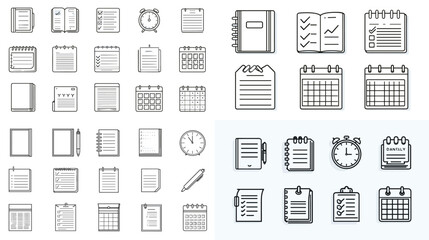 Minimal calendar and planner icon collection featuring clocks, notebooks, checklists, and timetables—perfect for scheduling and productivity visuals.

