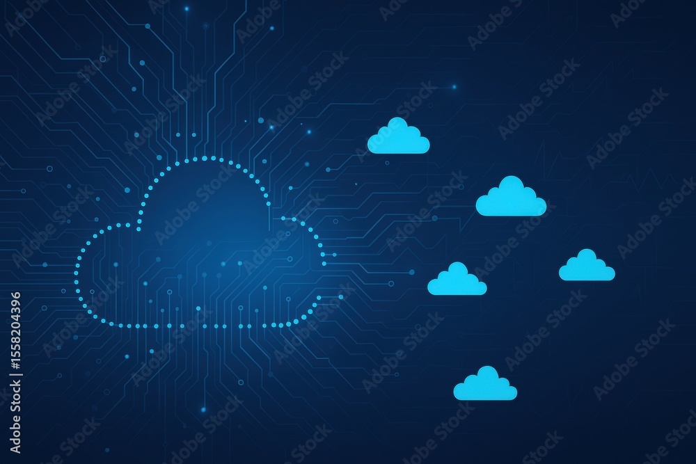 Fototapete Cloud Computing: Digital illustration showcasing a detailed representation of a cloud computing with a network of interconnected circuits symbolizing the digital realm.