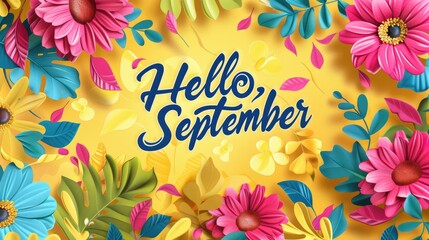 Hello, September text adorned with vibrant autumn leaves and a butterfly on yellow background. Welcoming autumn season.