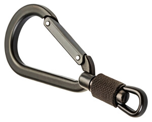 Heavy-duty black aluminum carabiner with a swivel hook on a transparent background