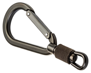 Heavy-duty black aluminum carabiner with a swivel hook on a transparent background