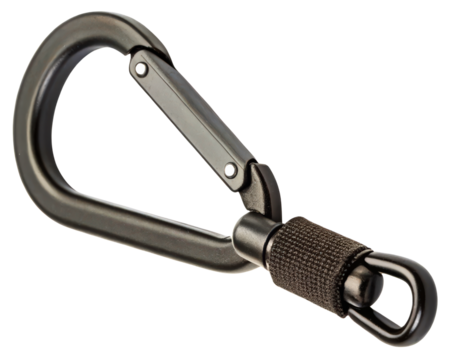 Heavy-duty black aluminum carabiner with a swivel hook on a transparent background