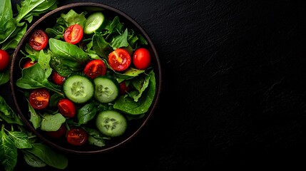 Fresh Green Salad with Cherry Tomatoes and Cucumbers in a Rustic Bowl on Dark Background
