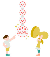 ゴールのスタンプを押して笑顔の子供たち　スタンプラリー・スモールステップ