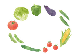 Watercolor Oval Frame with Japanese Summer Vegetables