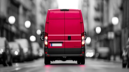 Bright Red Delivery Van on Urban Street with Blurred Background and Soft Focus Effect