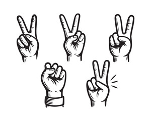 Victory Peace Hand Sign in Vintage Vector Etching Style