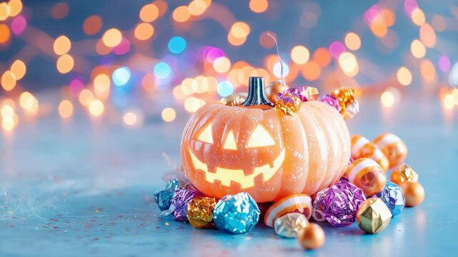 halloween concept. A glowing jack-o'-lantern surrounded by colorful wrapped candies with festive bokeh lights in the background.