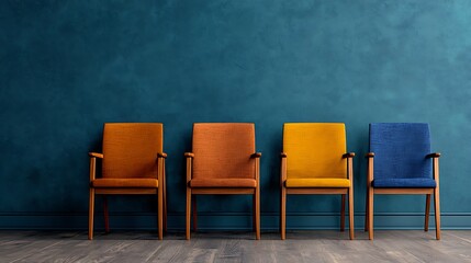 Obraz premium Stylish Arrangement of Four Vibrant Chairs Against a Modern Textured Wall in Living Space