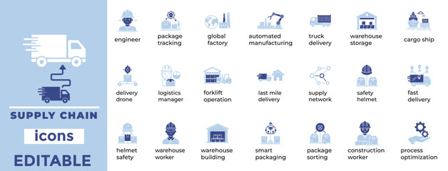 Editable supply chain vector icons ideal for logistics, industry, and operations. Clean, scalable line art style.