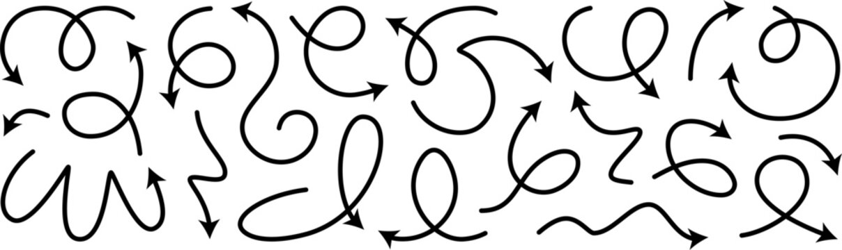 Arrow vector line set. Curved shape doodle brush element arow. Squiggly scribble direction up down abstract pointer. Change plan abstract stroke graphic sign. Curly circle looped spiral swirl map path