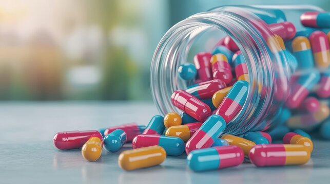 Glass jar tipping over with multicolored capsules scattering, clean bokeh background, modern nutrition concept
