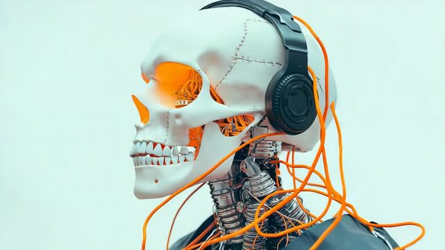 halloween concept. A futuristic robotic skull with orange wires, headphones, and visible internal circuitry against a light background.