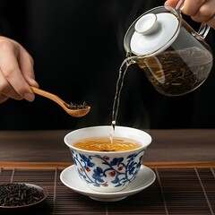 A brewing tea in a traditional Chinese gaiwan, the process of steeping and pouring, tea, gaiwan, Chinese tea, brewing, steep, pour, hot water, herbal, green tea, black tea, oolong tea, white tea, cham