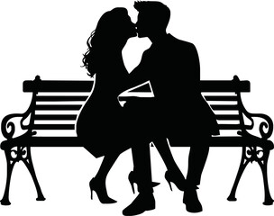 Silhouette of couple kissing on a bench vector on white background