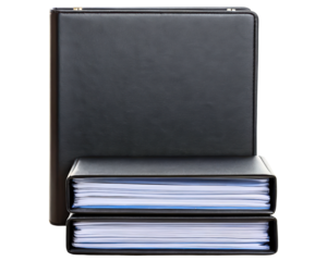 Black faux leather binders for organizing office documents on a transparent background