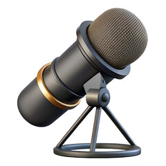 Modern studio microphone with gold accent ring and tripod stand isolated on transparent background