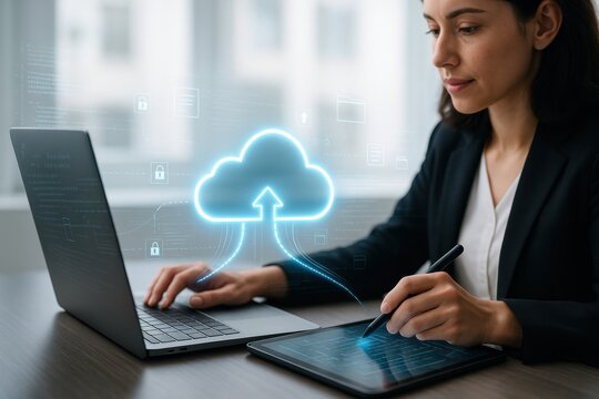Cloud Computing Businesswoman: A focused businesswoman works efficiently on her laptop and tablet, with a glowing cloud upload symbol illustrating seamless cloud computing. 