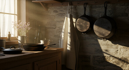 Sunlit rustic kitchen interior (1)