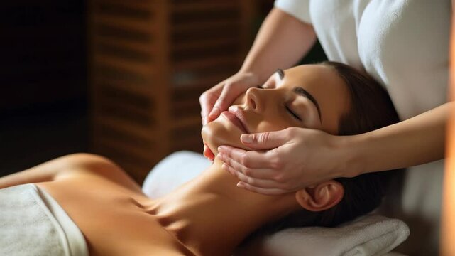 A serene spa scene captured from a side angle, showcasing a facial massage. The calming atmosphere is ideal for a relaxation video concept.