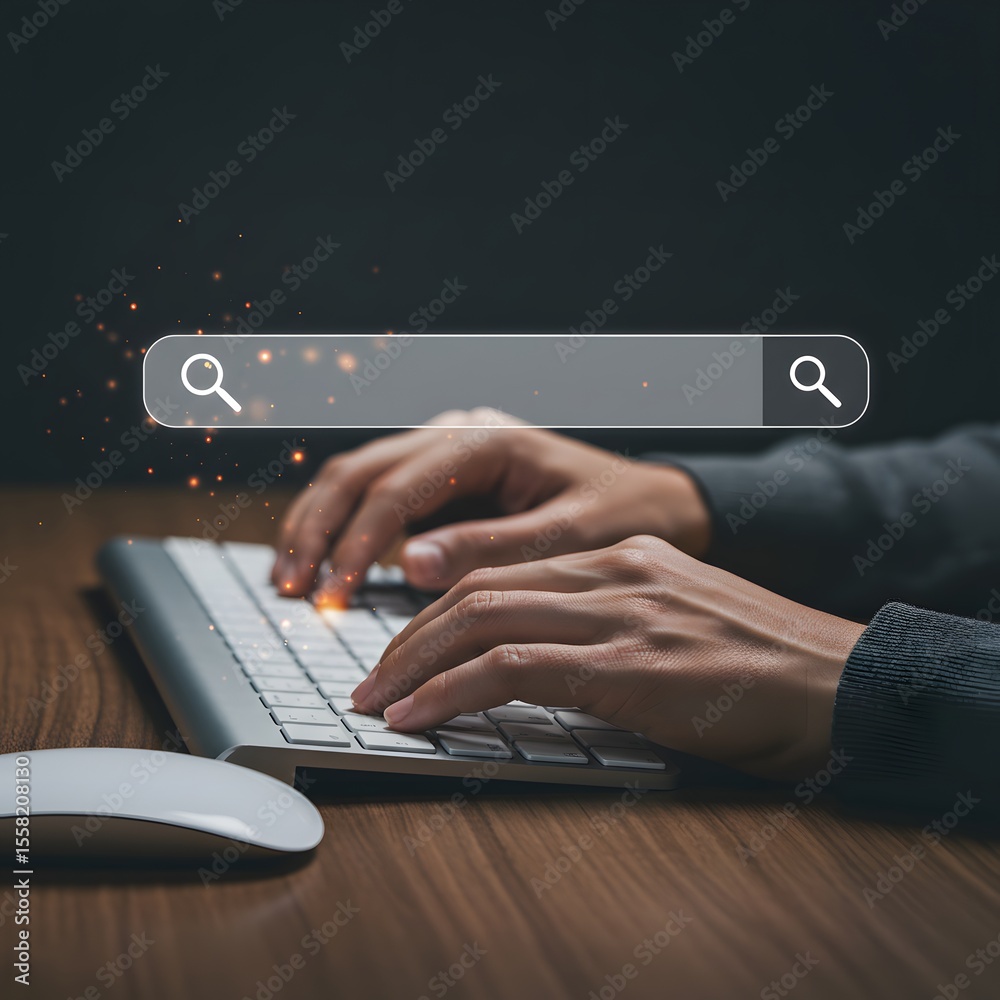 Fototapete Person typing on a keyboard with a search bar graphic and glowing particles