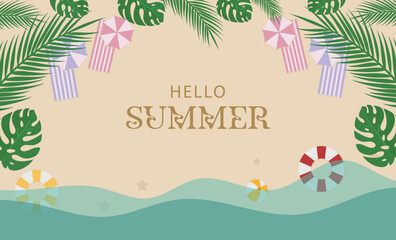 Hello Summer Banner with Beach Top View – Colorful Vector Design Featuring Umbrella, Ball, Float, and Sand Background