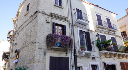 Balcony with flowers in the old town at Bari in Apulia.