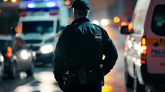 Security officers patrol urban area at night ensuring safety and order, Security patrol in action, officers ensuring area safety