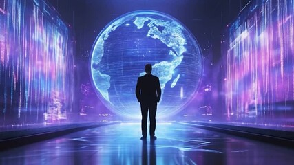 Global Network: A Man Contemplates Futuristic Data Streams - Powered by Adobe