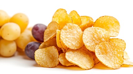 Golden Crisp Potato Chips with Fresh Grapes and Baby Potatoes on White Background