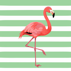 Charming flamingo artwork stands gracefully against a backdrop of refreshing green and white stripes, bringing tropical vibes.