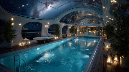 Swimming pool at night in the capsule.