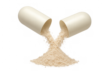 Two halves of an open capsule spilling beige protein powder against a transparent background, highlighting health and nutrition elements