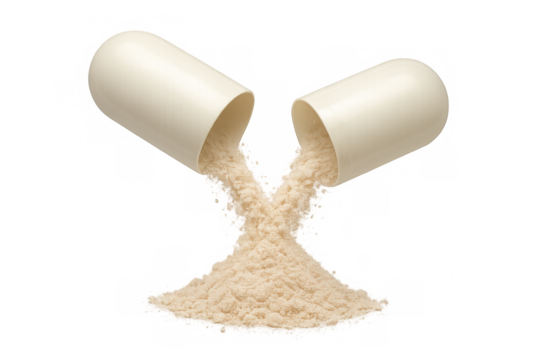 Two halves of an open capsule spilling beige protein powder against a transparent background, highlighting health and nutrition elements