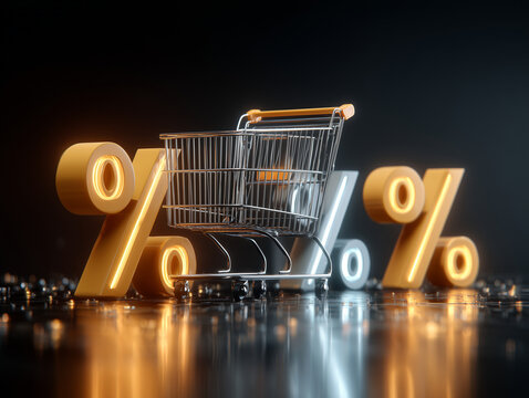 shopping cart surrounded by glowing percentage symbols represents sales and discounts. scene conveys sense of excitement and opportunity in retail - Powered by Adobe