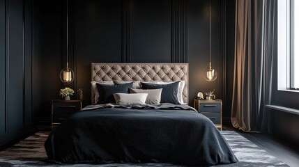 A stylish bedroom with geometric patterns and dark tones