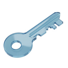 A clear blue translucent glass key with a rounded bow and cut teeth isolated on transparent background