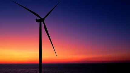 Sunset Over Ocean with Silhouette of Wind Turbine on Horizon, Natural Energy Concept
