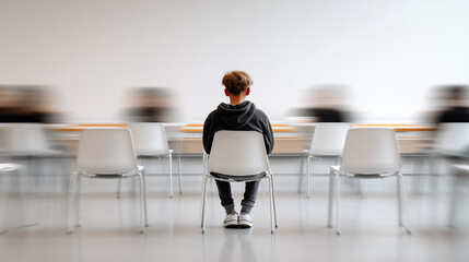 A boy sits alone in a classroom surrounded by empty, blurred chairs, conveying the themes of isolation, mental burden, and learning difficulties in education.