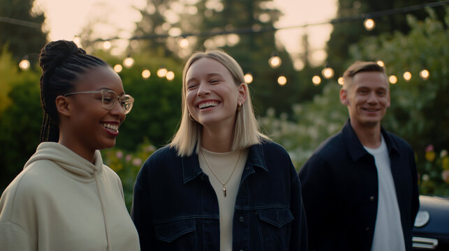 Friends enjoy a backyard barbecue at golden hour, filled with laughter and conversation, capturing the essence of social connection and joyful leisure time. - Powered by Adobe