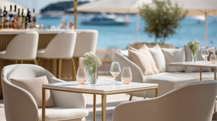 Obraz premium Elegant summer beach bar with stylish seating, glasses of rosé, soft sunlight, and sea view. Concept of solo travel, summer vibes, vacation lifestyle, relaxation, and coastal luxury.