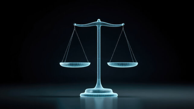 Legal action representation virtual environment 3d scales of justice digital concept law and order visualization