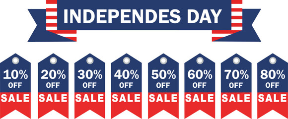 Independence Day sale banners and discount tags with patriotic red, white, and blue stripes, ideal for holiday retail promotions and special offers